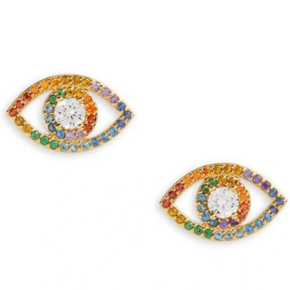 KURT GEIGER Evil Eye Crystals Pave Stud Earrings Rainbow Gold